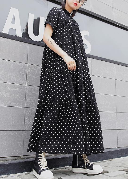 Elegant black dotted cotton clothes For Women stand collar exra large hem Maxi summer Dresses - SooLinen