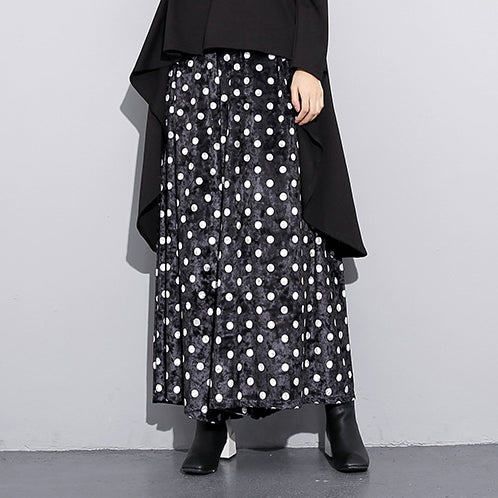 Elegant black dotted plus size clothing elastic waist traveling women wide leg pants cotton trousers