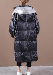 Elegant black down jacket woman plus size hooded patchwork Luxury winter outwear - SooLinen