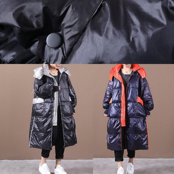 Elegant black down jacket woman plus size hooded patchwork Luxury winter outwear - SooLinen