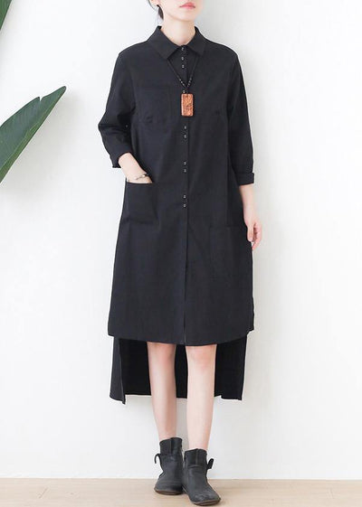 Elegant black dress lapel low high design short Dress - SooLinen