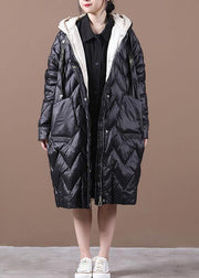 Elegant black duck down coat trendy plus size womens parka hooded zippered Warm overcoat - SooLinen