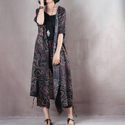 Elegant black natural linen dress plus size v neck floral linen clothing dress vintage half sleeve tie waist gown