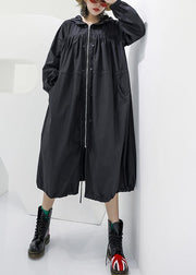 Elegant black oversized maxi coat hooded pockets zippered coat - SooLinen