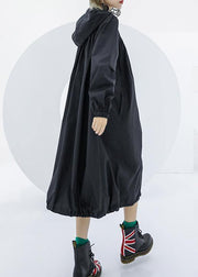 Elegant black oversized maxi coat hooded pockets zippered coat - SooLinen