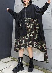 Elegant black patchwork camouflage hooded low high design cotton Dress - SooLinen
