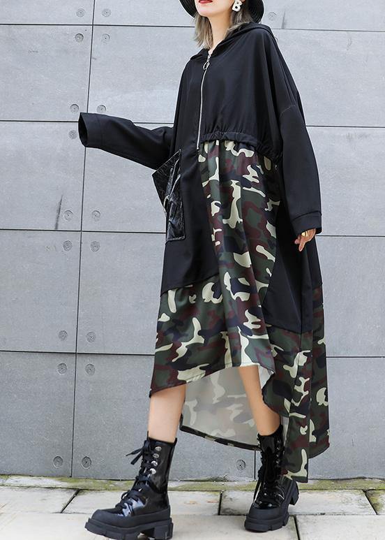 Elegant black patchwork camouflage hooded low high design cotton Dress - SooLinen