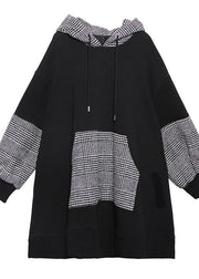 Elegant black patchwork cotton Tunic thick Dresses hooded top - SooLinen