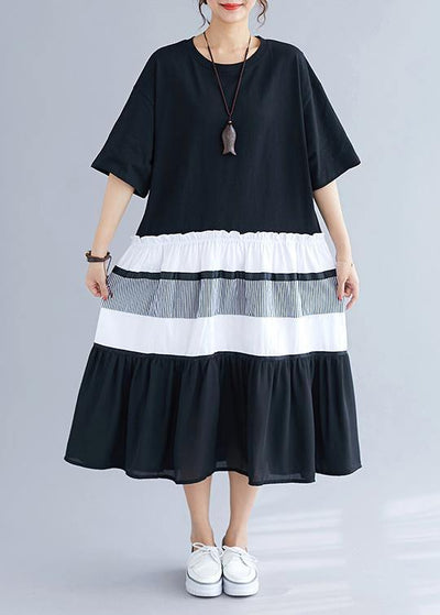 Elegant black patchwork cotton tunics for women o neck long summer Dress - SooLinen