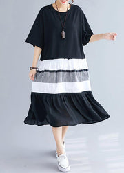 Elegant black patchwork cotton tunics for women o neck long summer Dress - SooLinen