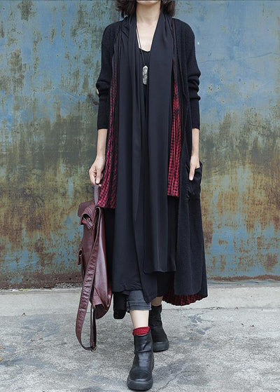 Elegant black patchwork red Plus Size clothes For Women Wardrobes Cinched big pockets women coats - SooLinen