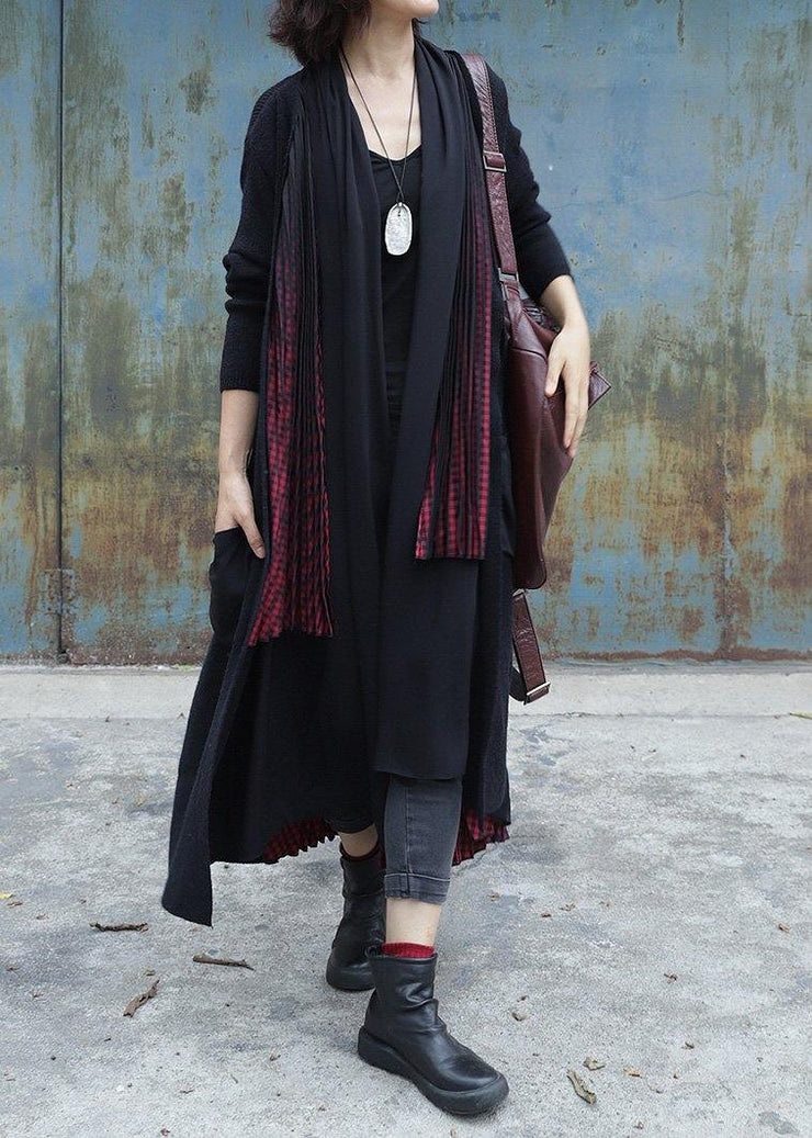 Elegant black patchwork red Plus Size clothes For Women Wardrobes Cinched big pockets women coats - SooLinen