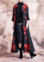 Elegant black patchwork red print oversize long Chinese Button fall coat - SooLinen