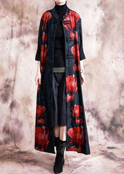 Elegant black patchwork red print oversize long Chinese Button fall coat - SooLinen