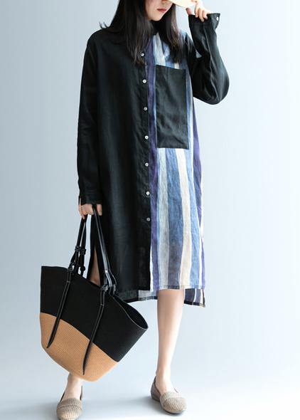 Elegant black patchwork striped Tunic lapel Art Dress - SooLinen