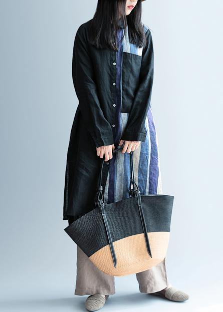 Elegant black patchwork striped Tunic lapel Art Dress - SooLinen