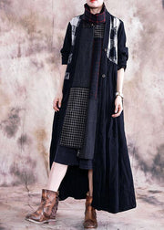 Elegant black print Coats plus size fall v neck patchwork coat - SooLinen