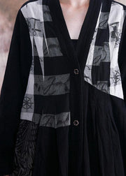 Elegant black print Coats plus size fall v neck patchwork coat - SooLinen