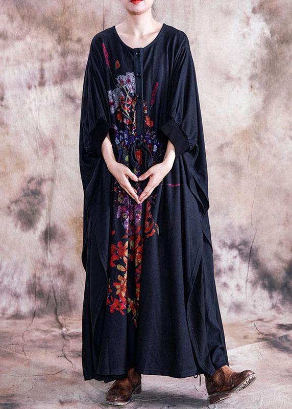 Elegant black print cotton dress o neck asymmetric fall Dress - SooLinen