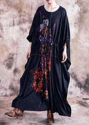 Elegant black print cotton dress o neck asymmetric fall Dress - SooLinen