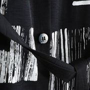 Elegant black print maxi coat oversize Turn-down Collar tie waist long coat vintage long sleeve pockets long coats
