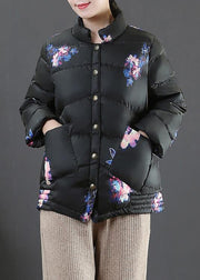 Elegant black print warm winter coat Loose fitting womens parka stand collar pockets Fine overcoat - SooLinen