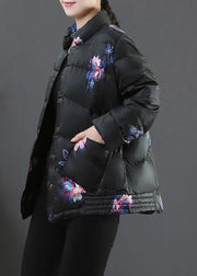 Elegant black print warm winter coat Loose fitting womens parka stand collar pockets Fine overcoat - SooLinen