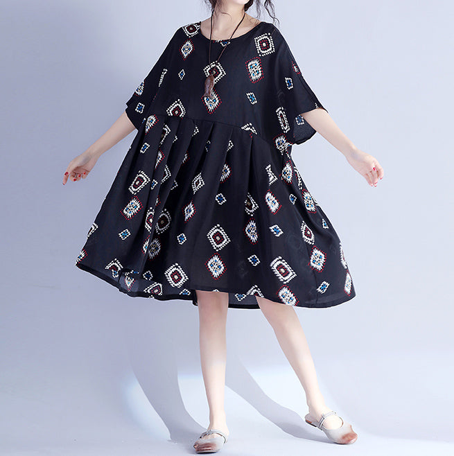 Elegante schwarze Drucke Midi-Länge Baumwollkleid lässige Reisekleidung Neues Baumwollkleid mit hoher Taille und Fledermausärmeln