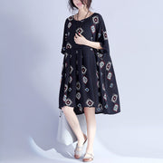 Elegante schwarze Drucke Midi-Länge Baumwollkleid lässige Reisekleidung Neues Baumwollkleid mit hoher Taille und Fledermausärmeln