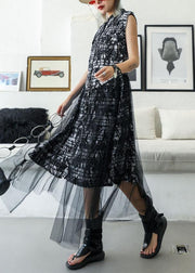 Elegant black prints cotton Tunic sleeveless Maxi summer Dresses - SooLinen