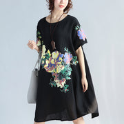 Elegant black prints pure linen dresses plus size clothing linen cotton dress vintage wild short sleeve o neck linen dress