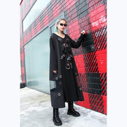Elegantes schwarzes reines Plus-Size-Reise-Baggy-Kleid 2018 Midikleid mit V-Ausschnitt und Applikationen