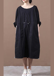 Elegant black quilting dresses o neck drawstring Kaftan spring Dresses - SooLinen