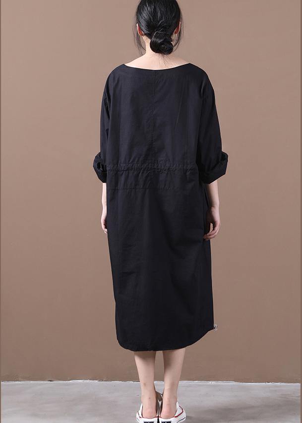Elegant black quilting dresses o neck drawstring Kaftan spring Dresses - SooLinen