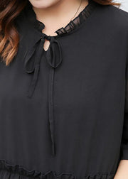 Elegant black ruffles chiffon clothes For Women stand collar Art summer Dress - SooLinen