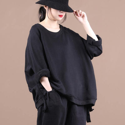 Elegant black shirts women o neck oversized fall blouses - SooLinen