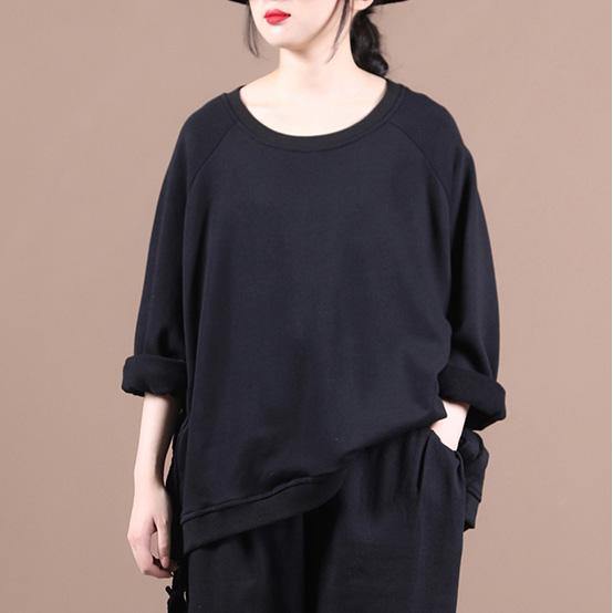 Elegant black shirts women o neck oversized fall blouses - SooLinen
