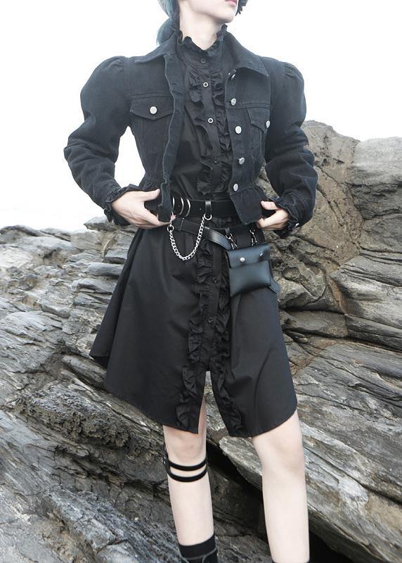 Elegant black stand collar cotton clothes Women flare sleeve cotton robes ruffles shirt Dress - SooLinen