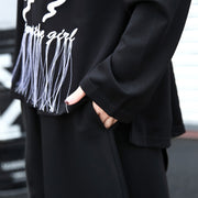 Elegant black t shirt oversize o neck embroider fabric cotton blended t shirt casual tassel baggy t shirt