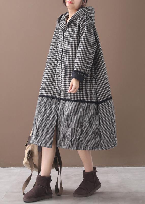 Elegant black white plaid winter coats plus size clothing hooded patchwork winter outwear - SooLinen