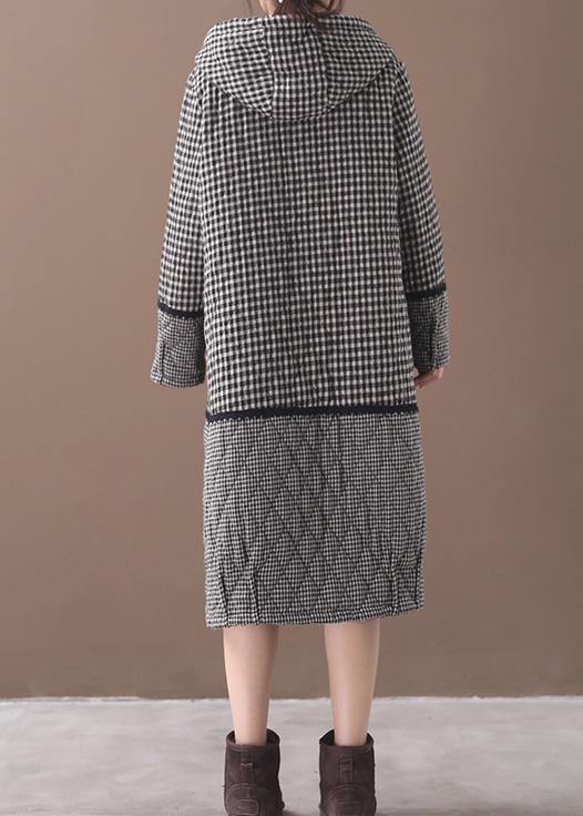 Elegant black white plaid winter coats plus size clothing hooded patchwork winter outwear - SooLinen