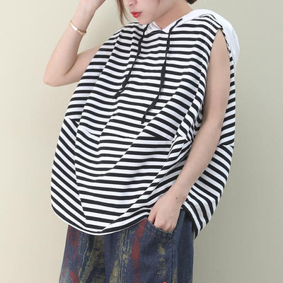 Elegant black white striped cotton top hooded sleeveless baggy blouse - SooLinen