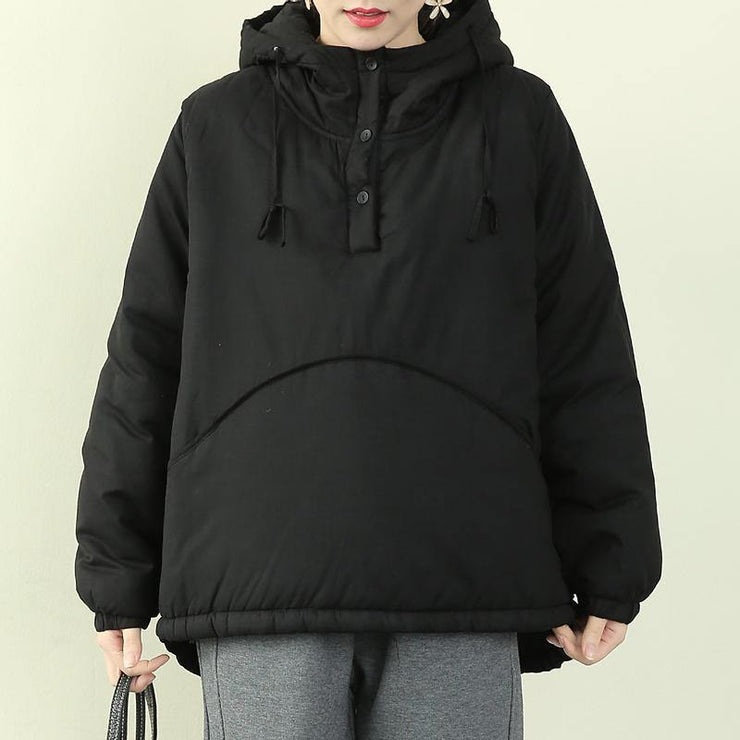 Elegant black women parka plus size snow jackets hooded drawstring coats - SooLinen