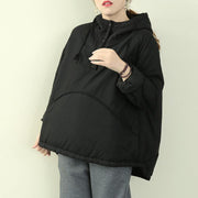 Elegant black women parka plus size snow jackets hooded drawstring coats - SooLinen