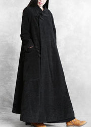 Elegant black woolen outwear plus size clothing stand collar asymmetric long coat - SooLinen