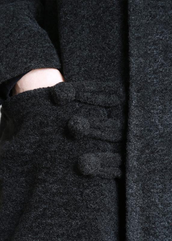 Elegant black woolen outwear plus size clothing stand collar asymmetric long coat - SooLinen