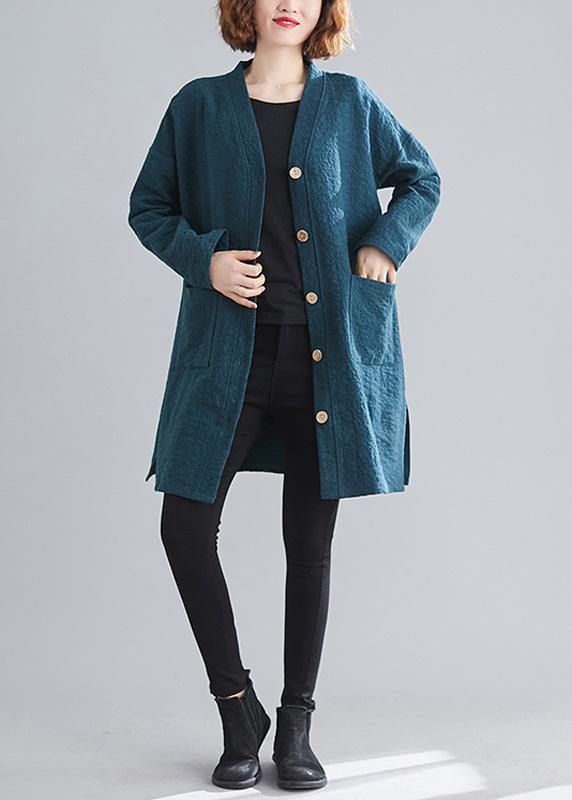Elegant blackish green Fine casual coats women Work Outfits v neck Button coats - SooLinen