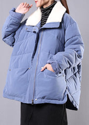 Elegant blue Parkas for women Loose fitting winter jacket lapel pockets zippered overcoat - SooLinen