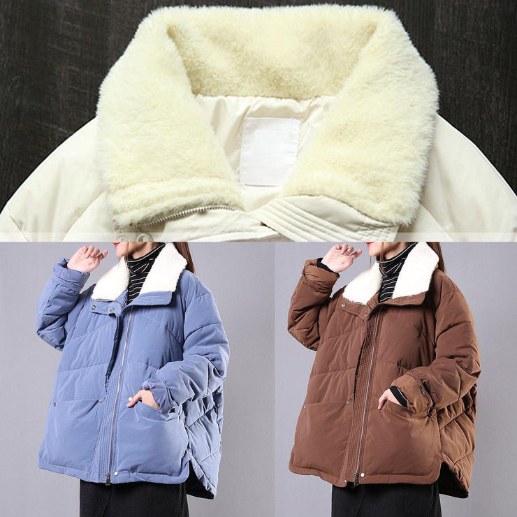 Elegant blue Parkas for women Loose fitting winter jacket lapel pockets zippered overcoat - SooLinen