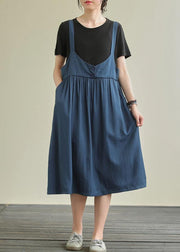 Elegant blue cotton Tunics o neck false two pieces Maxi summer Dresses - SooLinen